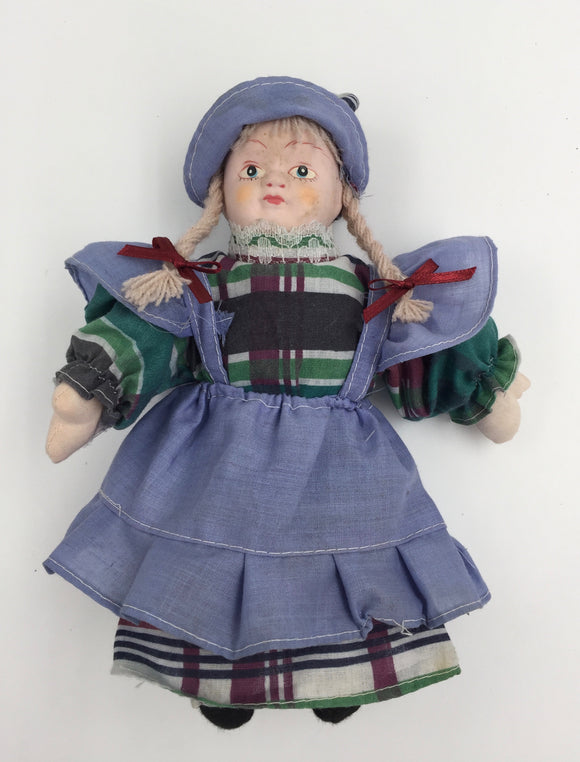 8298 - T - Doll with a Cute Traditional European Blue & Plaid Outfit & Bonnet - Box 37