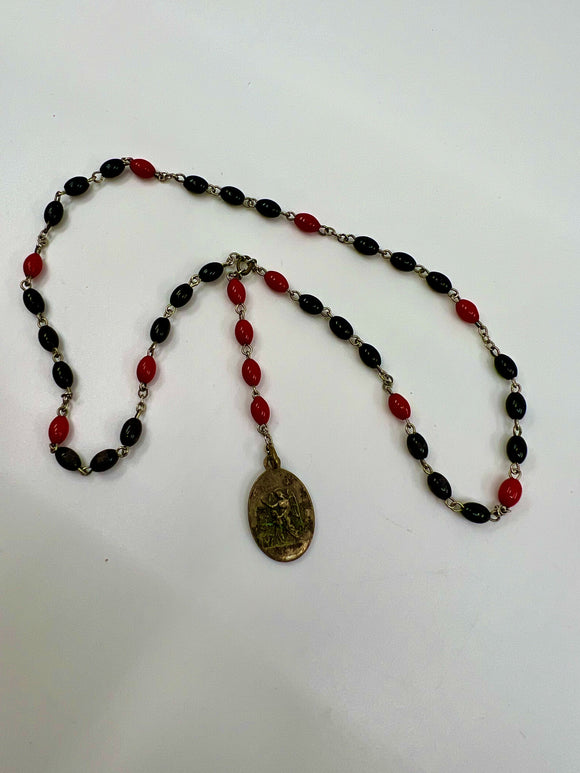 10129b - C - St. Michael - Silver Chain - Copper Medal - Black and Red Prayer Beads -