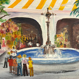 8285 - A - Original Oil Painting 60's Era - Bustling Festive Stripe Pavilion Tropic Scene by Fountain