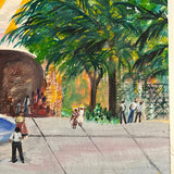 8285 - A - Original Oil Painting 60's Era - Bustling Festive Stripe Pavilion Tropic Scene by Fountain