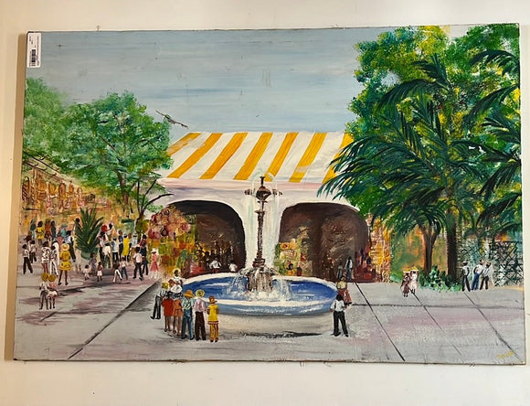 8285 - A - Original Oil Painting 60's Era - Bustling Festive Stripe Pavilion Tropic Scene by Fountain