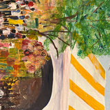 8285 - A - Original Oil Painting 60's Era - Bustling Festive Stripe Pavilion Tropic Scene by Fountain