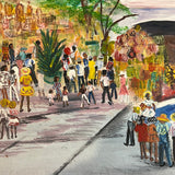 8285 - A - Original Oil Painting 60's Era - Bustling Festive Stripe Pavilion Tropic Scene by Fountain