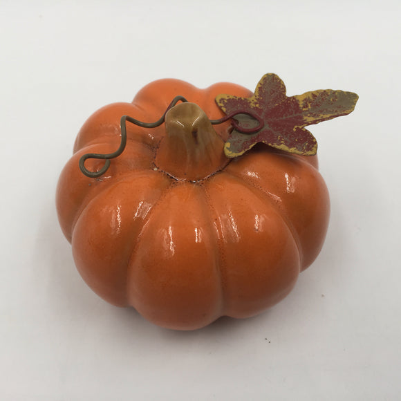 10328 - H - Ceramic Pumpkin Figurine - Orange with Metal Leaf Design - Box 39