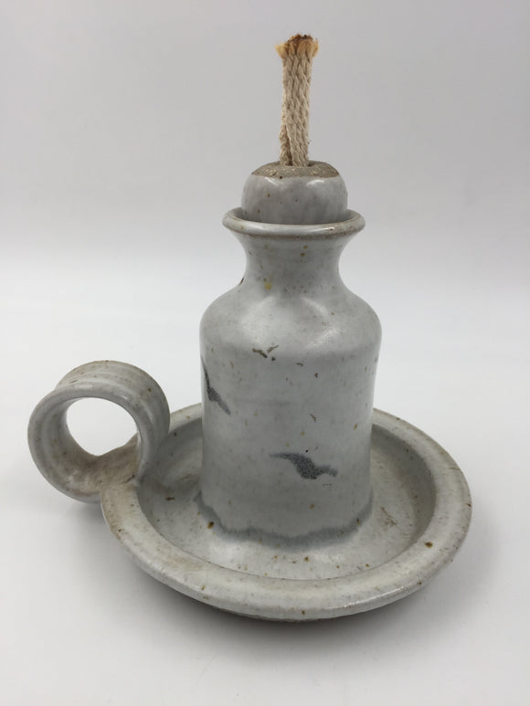 10334 - H - Oil Lamp with Chimney - Handmade Stone Pottery - Seagull Design - 1991 - Signed - Box 37