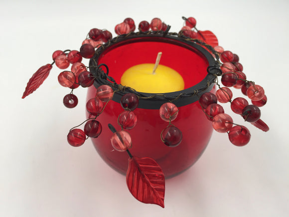 10602 - H - Glass Candle Holder with Candle - Scarlet Red - Edge adorned with Berries and Leaves - Box 44