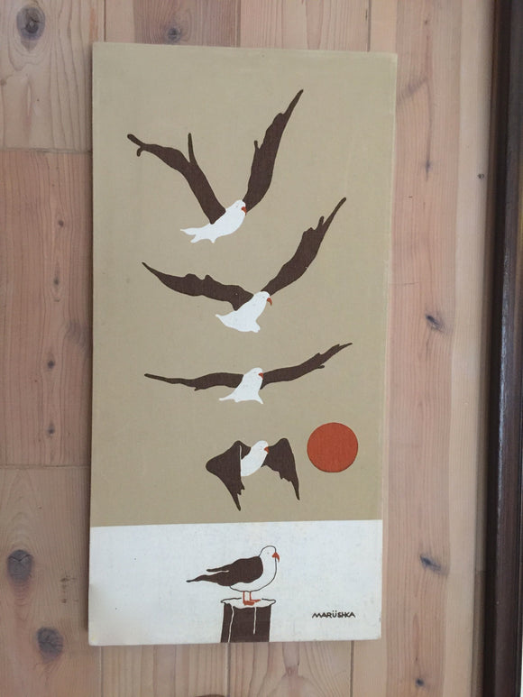 8723 - A - Marushka Textile Silkscreen Print of Seagull Landing - Signed