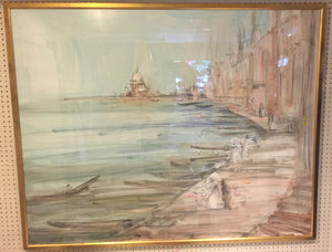 7962 - A - 1990 Jerry Sic Signed & Dated - Rendering of a Sea Wharf Walkway - Harbor Bay Pier Scene