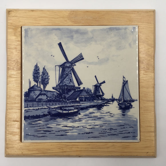 8539 - C - Delft Blue Hand Painted Porcelain - Rendering of a Holland North Sea Port, Windmills, Sea vessels, Small Village, Seagulls  - Box 34