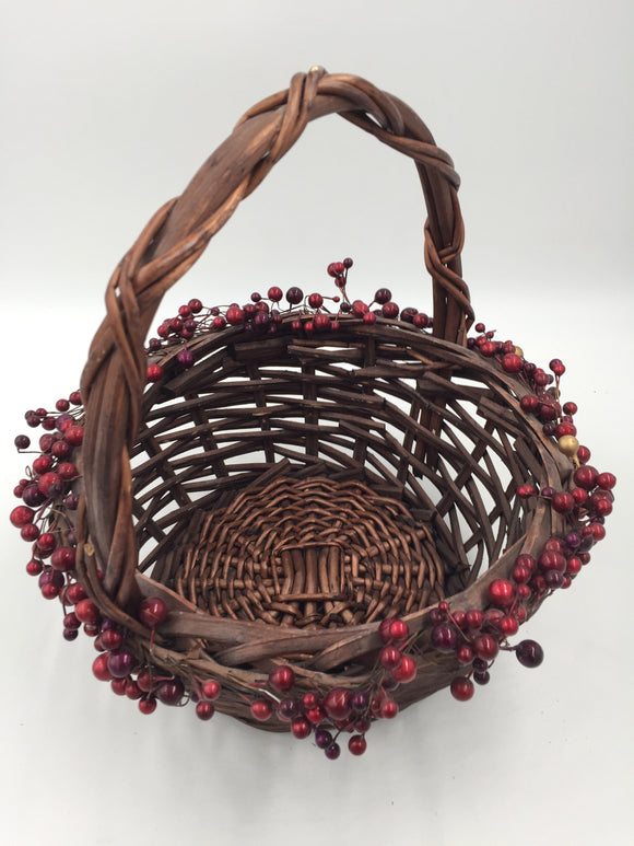 8547 - H - Festive Basket - Heavy Woven Wood - Medium Brown - Cranberry Border Of Top Opening Of Basket. - Box 45