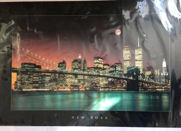 8628 - A - Litho - New York Twilight View from the Brooklyn Bridge with Twin Towers - Litho BV320 - 2001