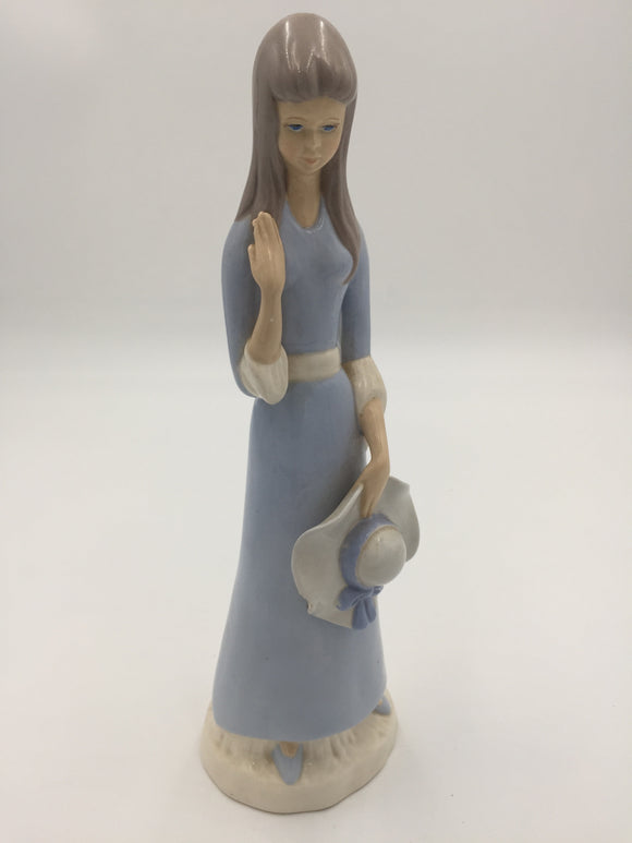 8200 - C - Figurine - Ceramic Signed Diane Statue - Pale Blue & White Girl Holding Hat Ceramic Figurine - 1981