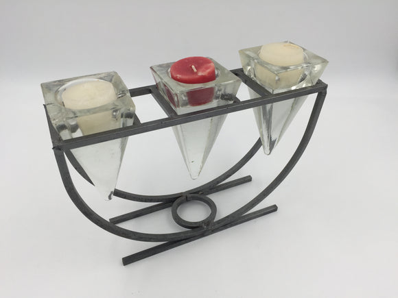 8810 - H - 3-Candle Holder - Metal Frame with Geometric Glass Holders - Very Mod Design  -  Box 45