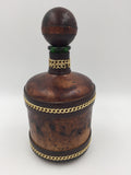9032 - H - Vintage Leather & Brass Italian Bottle - Green Glass - Brass Chain - VGC - Box 34