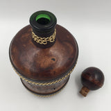 9032 - H - Vintage Leather & Brass Italian Bottle - Green Glass - Brass Chain - VGC - Box 34