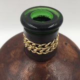 9032 - H - Vintage Leather & Brass Italian Bottle - Green Glass - Brass Chain - VGC - Box 34