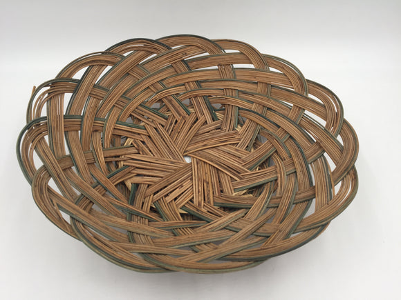 9034 - H - Hand Woven Basket - Bamboo with Tan and Green Reed Strands - Great for Table Centerpiece or to Place Flowers to Fruit Accent - Box 45