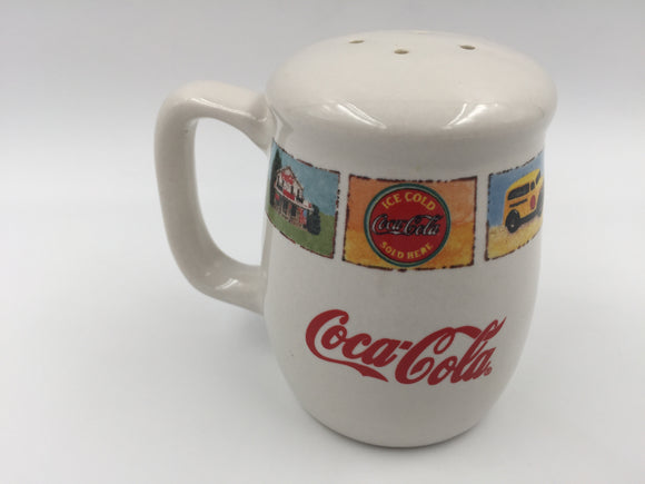 9085 - C - Coca-Cola Salt or Pepper Shaker - Glazed Ceramic With Memorable Coca Cola Photos Bordering The Top of the Single Handled Piece - Box 29