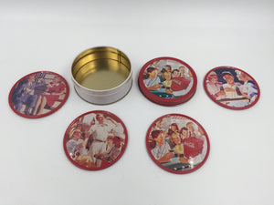 9086 - C - Coca-Cola - Beverage Coasters - Touching Scenes Of Get Togethers with Family & Friends - Set of 4 Metal Coasters with Tin Holder - 1994 - Box 24