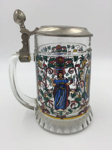 9783 - C - Lidded Glass Beer Stein - Lion Coat of Arms - Pewter Lid - Hand Painted - Box 32