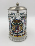 9783 - C - Lidded Glass Beer Stein - Lion Coat of Arms - Pewter Lid - Hand Painted - Box 32