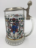 9783 - C - Lidded Glass Beer Stein - Lion Coat of Arms - Pewter Lid - Hand Painted - Box 32