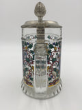 9783 - C - Lidded Glass Beer Stein - Lion Coat of Arms - Pewter Lid - Hand Painted - Box 32